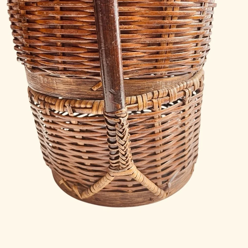 VTG Rattan Chinoiserie 3 Tier Basket with Handle | Rustic Wedding Sewing Basket